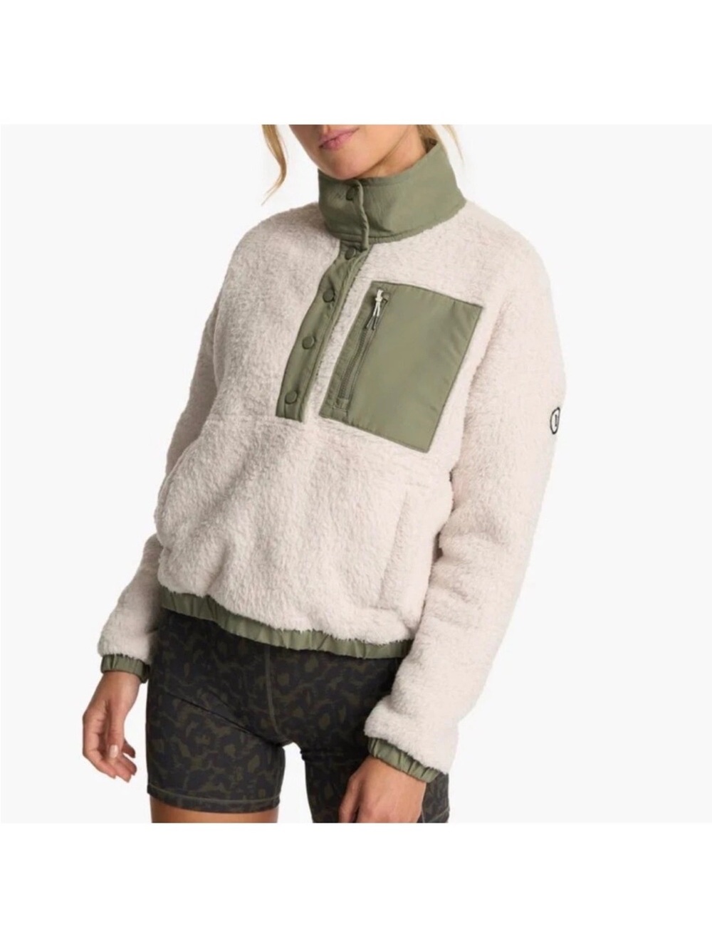 EUC Vuori Alpine Sherpa Jacket Cream Olive Green Fleece Snap Pullover  Sz XS